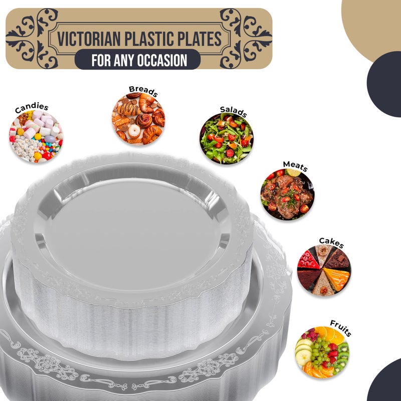 Exquisite Victorian Plastic Plates 80 Piece Plastic Disposable Plates for Party Set For 40 Guests 40 X 7.5 inch Dessert Plates & 40 X 10.25 Inch Plastic Plates Disposable Heavy Duty Clear Plates - Image 2